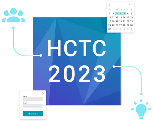 Logo HCTC 2023 avec icônes d'événements entourant le logo Logo HCTC 2023 avec icônes d'événements entourant le logo